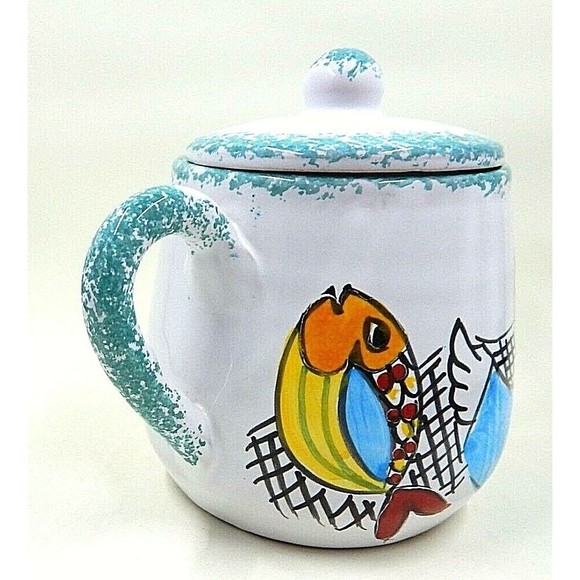 Ceramiche Desuirint Hand-Painted Ceramic Sugar Bowl Fishing Teal Sponge Accent - Picture 4 of 10